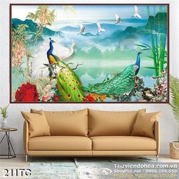 Tranh chim công lộng lẫy và đàn cò trắng psd