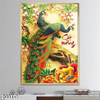 Tranh chim công cát tường vui đùa bên nhau psd 3d