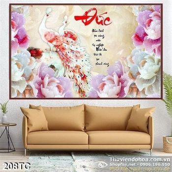 Tranh chim công đức và hoa mẫu đơn giả ngọc đẹp