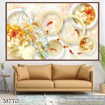 Tranh chim công 3d giả ngọc và đàn cá koi in uv psd