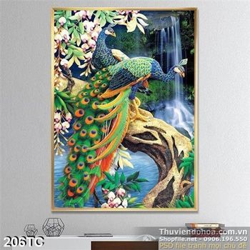 Tranh chim công wall khổ dọc đậu trên cành cây