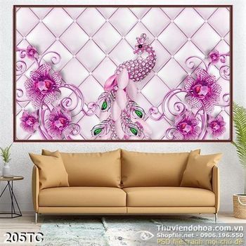 Tranh chim công 3d giả ngọc màu hồng độc lạ