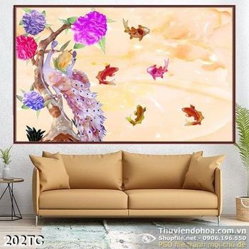 Tranh chim công 3d giả ngọc và cá chép in uv