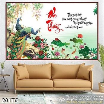 Tranh chim công ơn thầy và hoa sen psd