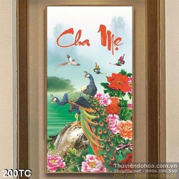 Tranh chim công cha mẹ khổ dọc và hoa mẫu đơn 3d in uv