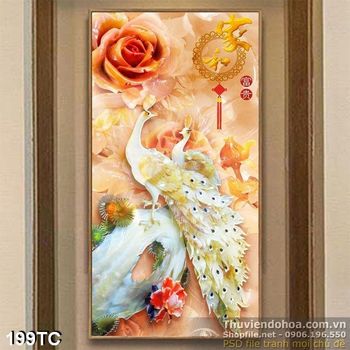 Tranh chim công và bông hoa hồng màu đỏ 3d in uv