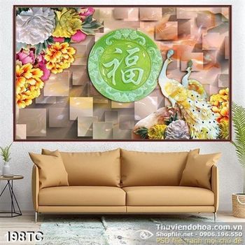 Tranh chim công và viên ngọc xanh đẹp