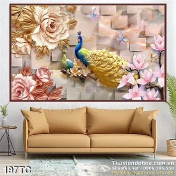 Tranh chim công phù điều và hoa đẹp 3d in uv