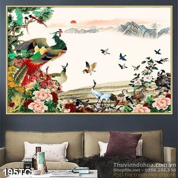 Tranh chim công và đàn chim nhỏ chơi đùa in uv