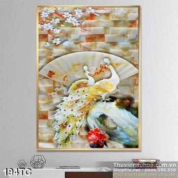 Tranh chim công 3d giả ngọc và cái quạt