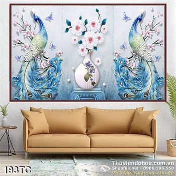 Tranh chim công phù điêu và bình hoa wall 3d in uv
