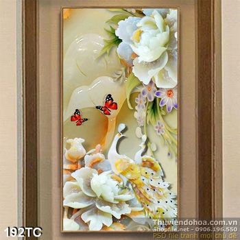 Tranh chim công giả ngọc và hoa sen màu trắng 3d giả ngọc