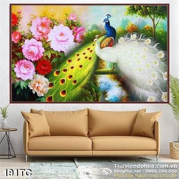 Tranh chim công xòe đuôi màu trắng và hoa mẫu đơn 3d