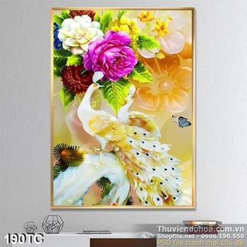 Tranh chim công bông hoa màu tín