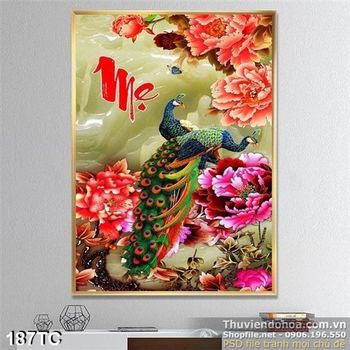 Tranh chim công gải ngọc chữ mẹ in uv