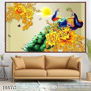 Tranh chim công và hoa mẫu đơn mạ vàng đẹp 3d psd