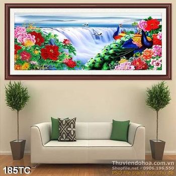Tranh chim công và thác nước lón wall