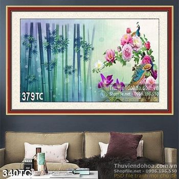 Tranh chim công và rừng tre âm u đẹp psd