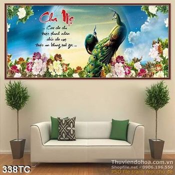 Tranh chim công cha mẹ và chim công đậu trên cây hoa mẫu đơn