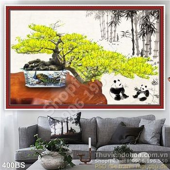 Chậu bonsai hoa mai nghệ thuật và gấu trúc