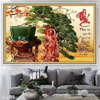 Chậu bonsai xòe tán và bức tượng phật năm 2020