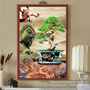 Chậu bonsai nghệ thuật và bức tượng phật