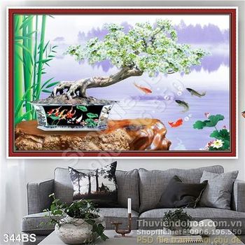 Chậu bonsai hoa mai trắng và cá chép