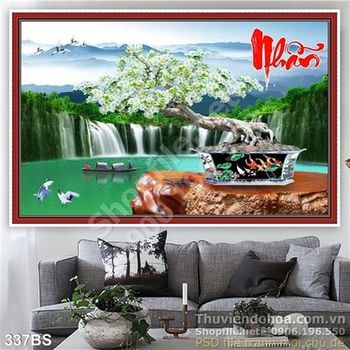 Chậu bonsai hoa mai trắng và thác nước hùng vĩ