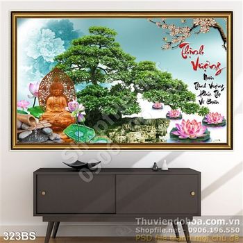 Chậu bonsai thịnh vượng và bức tượng phật