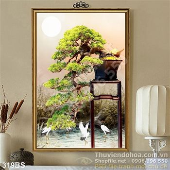 Tranh bonsai nhật bản nghệ thuật  và chim hạc