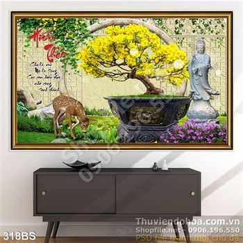 Tranh bonsai hoa mai con nai ăn cỏ in gạch