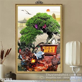 Tranh bonsai um tùm và cái bàn gỗ ấn tượng