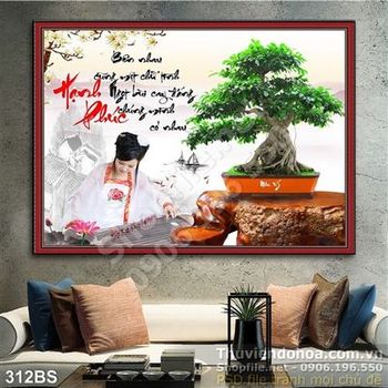 Tranh bonsai và cô gái
