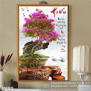 Tranh bonsai hoa giấy báo hiếu