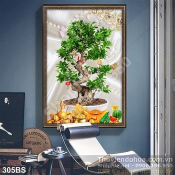 Tranh bonsai cây khé và đồng tiền vàng