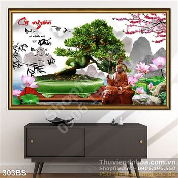 Tranh bonsai cội nguồn và đức phật bằng gỗ