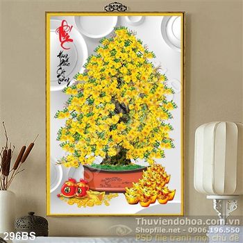 Tranh bonsai hoa mai chữ phúc và đống vàng