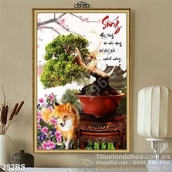 Tranh bonsai nhật bản và con cáo