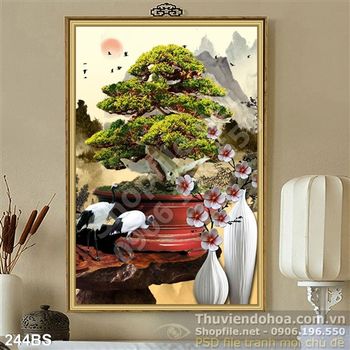 Tranh bonsai và cái chậu màu đỏ