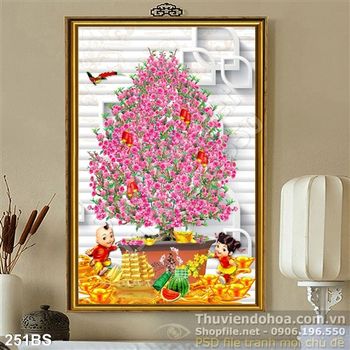 Tranh bonsai hoa mai đứa trẻ vui đùa