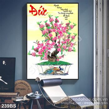 Tranh bonsai hoa đào chữ đức đầu năm