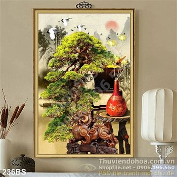 Tranh bonsai tạo dáng bên cái bình hoa cổ