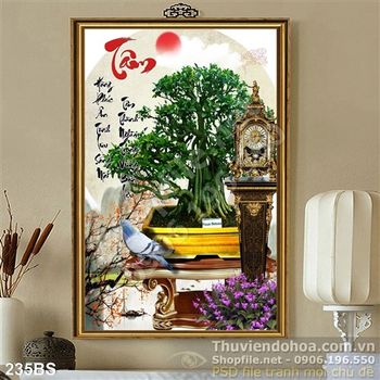 Tranh bonsai việt nam và đồng hồ cổ