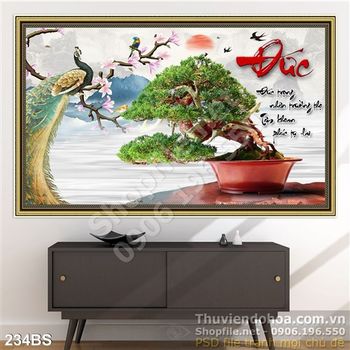 Tranh bonsai chim công và chữ đức