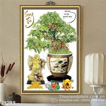 Tranh bonsai cây sung và ông phật vàng
