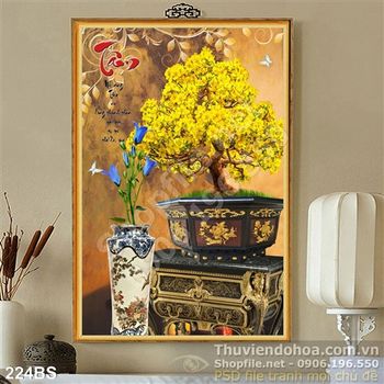 Tranh bonsai năm mới ngày tết chữ tâm