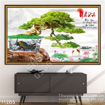 Tranh bonsai chữ nhẫn và hoa sen