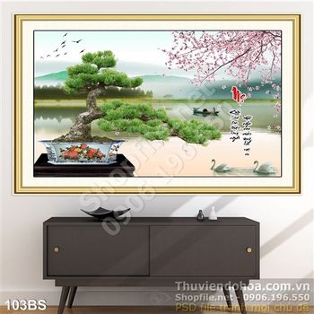 Tranh bonsai dáng đẹp và hồ nước