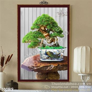 Tranh bonsai khổ dọc chim công đẹp