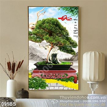 Tranh bonsai và cái bàn gỗ chữ đức